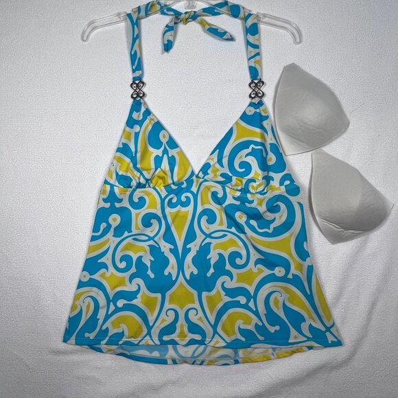 Jantzen Women's Size 14 Halter Swim Tankini Top Metal Accent Blue Yellow Floral - Picture 2 of 9